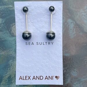Alex and Ani Black Swarovski Pearl Sterling Silver Drop Earrings